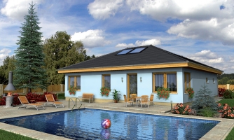 Single-storey family house project with a garage, hip roof and terrace.